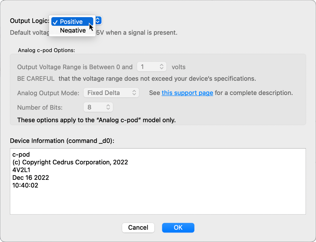Screenshot of dialog in Xidon 2 to set the output logic of c-pod.