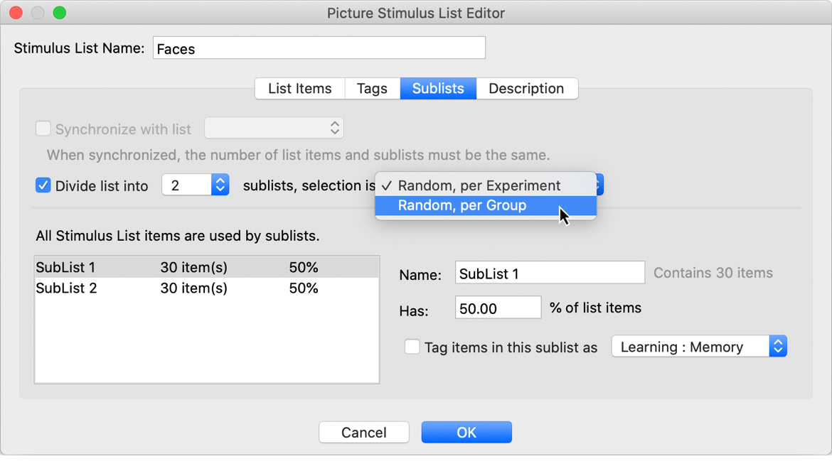 The new sublists feature in SuperLab 6