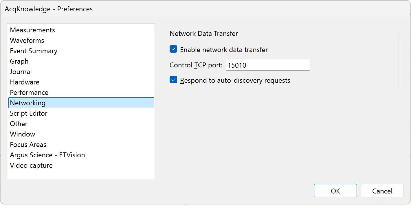 Dialog showing the AcqKnowledge preferences dialog and how to enabled NDT (Network Data Transfer)