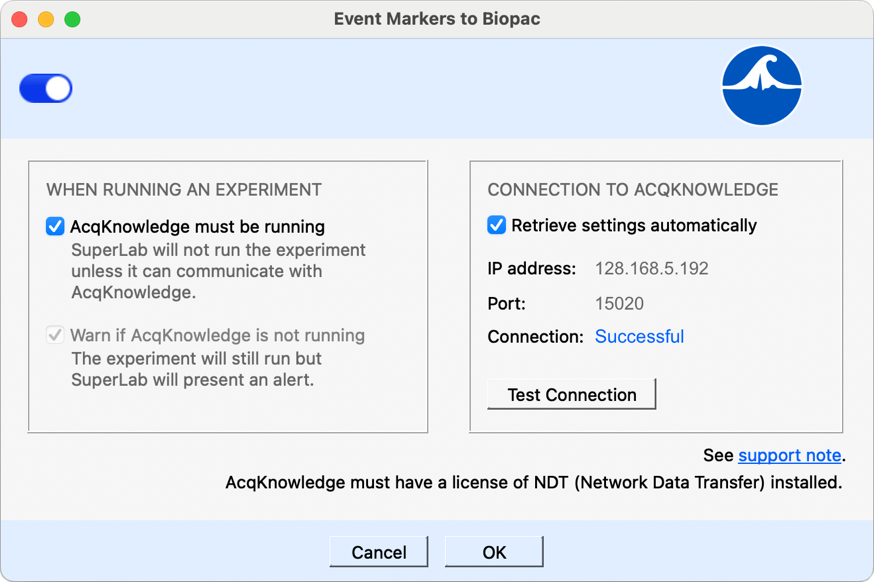 Screenshot of dialog for setting up connection to Biopac AcqKnowledge.