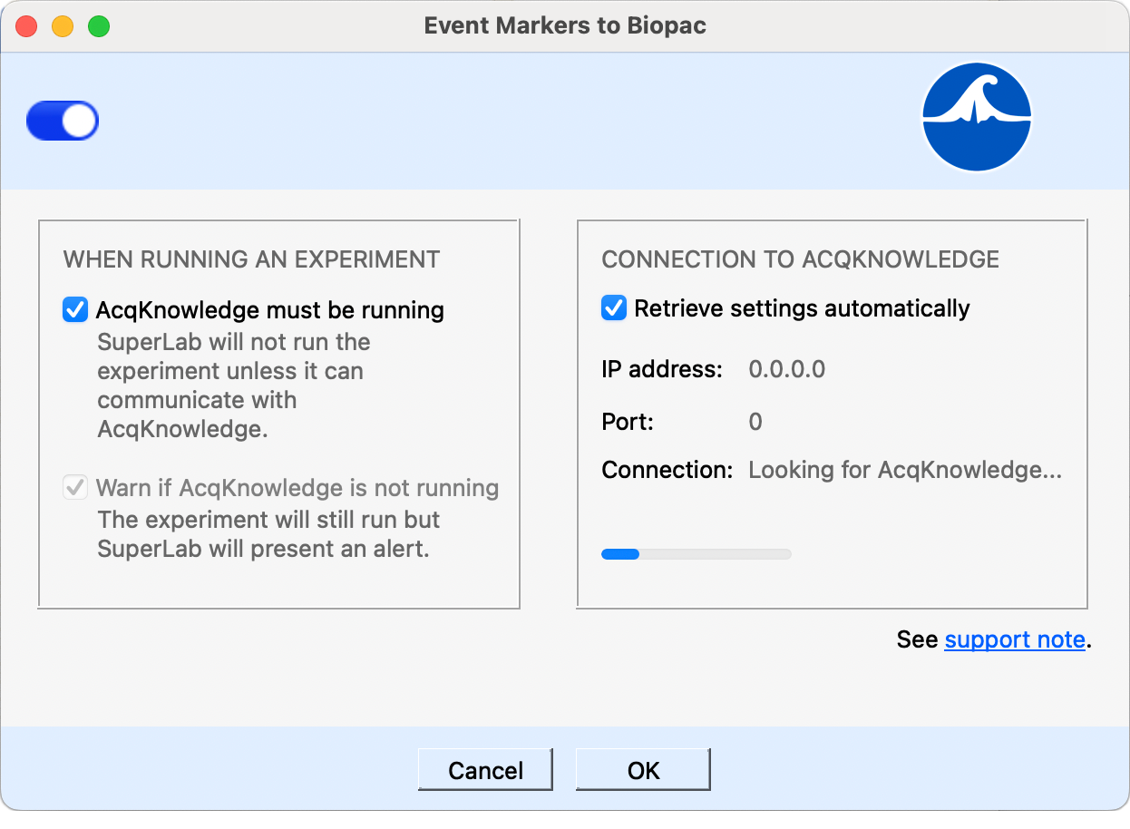 Dialog showing how to send event markers from SuperLab to BIOPAC AcqKnowledge.