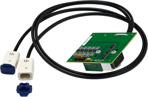 Picture showing the "send board" found inside every Invivo SensaVue unit, showing the two fiber optic connectors.